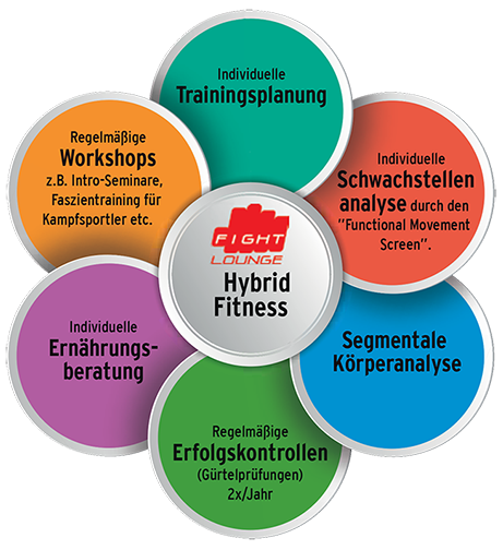 Hybrid-Fitness-System der Fight Lounge: Trainingsplanung, Schwachstellenanalyse, Körperanalyse, Erfolgskontrollen, Ernährungsberatung und Workshops